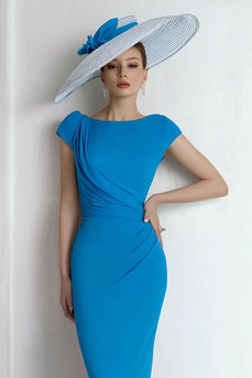 Blue Boat Neck Long Mother of the Bride Dress with Sleeves