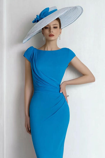 Blue Boat Neck Long Mother of the Bride Dress with Sleeves