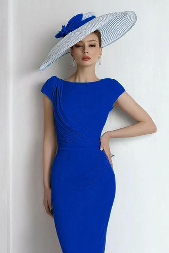 Blue Boat Neck Long Mother of the Bride Dress with Sleeves
