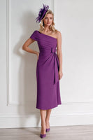 Load image into Gallery viewer, Grape One Shoulder Chiffon Midi Mother of the Bride Dress with Bow