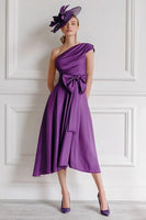 Load image into Gallery viewer, Grape A Line One Shoulder Midi Mother of the Bride Dress with Bow