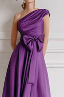 Load image into Gallery viewer, Grape A Line One Shoulder Midi Mother of the Bride Dress with Bow