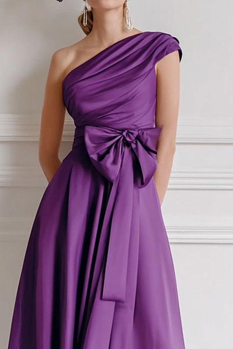 Load image into Gallery viewer, Grape A Line One Shoulder Midi Mother of the Bride Dress with Bow