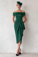 Load image into Gallery viewer, Dark Green Satin Off the Shoulder Midi Mother of the Bride Dress