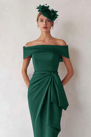 Load image into Gallery viewer, Dark Green Satin Off the Shoulder Midi Mother of the Bride Dress