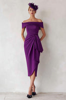 Load image into Gallery viewer, Dark Green Satin Off the Shoulder Midi Mother of the Bride Dress