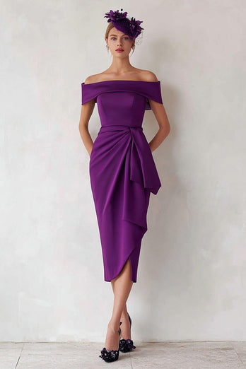 Dark Green Satin Off the Shoulder Midi Mother of the Bride Dress