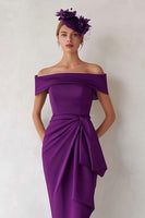 Load image into Gallery viewer, Dark Green Satin Off the Shoulder Midi Mother of the Bride Dress