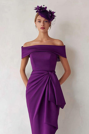 Dark Green Satin Off the Shoulder Midi Mother of the Bride Dress