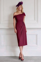 Load image into Gallery viewer, Burgundy Pencil One Shoulder Midi Mother of the Bride Dress