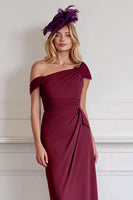 Load image into Gallery viewer, Burgundy Pencil One Shoulder Midi Mother of the Bride Dress