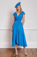 Load image into Gallery viewer, Blue V-Neck Pleated Midi Mother of the Bride Dress with Sleeves