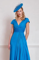 Load image into Gallery viewer, Blue V-Neck Pleated Midi Mother of the Bride Dress with Sleeves