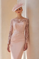 Load image into Gallery viewer, Blush Pink Illusion Boat Neck Bodycon Midi Mother of the Bride Dress with Lace