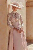 Load image into Gallery viewer, Candy Pink High Neck Long Mother of the Bride Dress with Lace