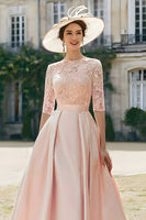 Load image into Gallery viewer, Blush Pink A Line Satin Long Mother of the Bride Dress with Lace