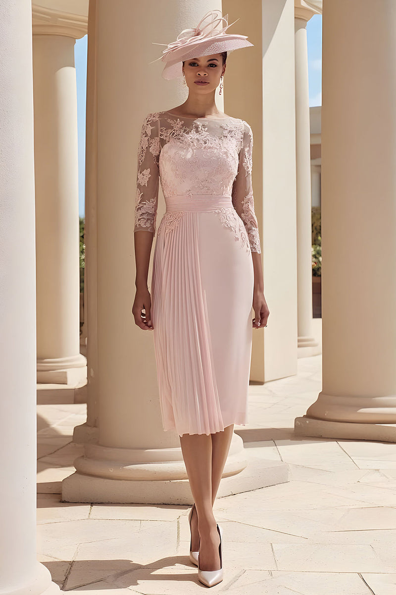 Load image into Gallery viewer, Blush Pink Illusion Boat Neck Pleated Midi Mother of the Bride Dress with Sleeves
