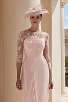 Load image into Gallery viewer, Blush Pink Illusion Boat Neck Pleated Midi Mother of the Bride Dress with Sleeves