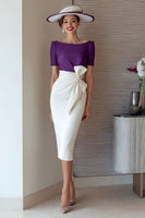 Load image into Gallery viewer, Grape Pencil Boat Neck Midi Mother of the Bride Dress with Bow