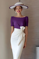 Load image into Gallery viewer, Grape Pencil Boat Neck Midi Mother of the Bride Dress with Bow