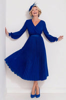 Load image into Gallery viewer, Dark Blue V-Neck Pleated Long Mother of the Bride Dress with Sleeves