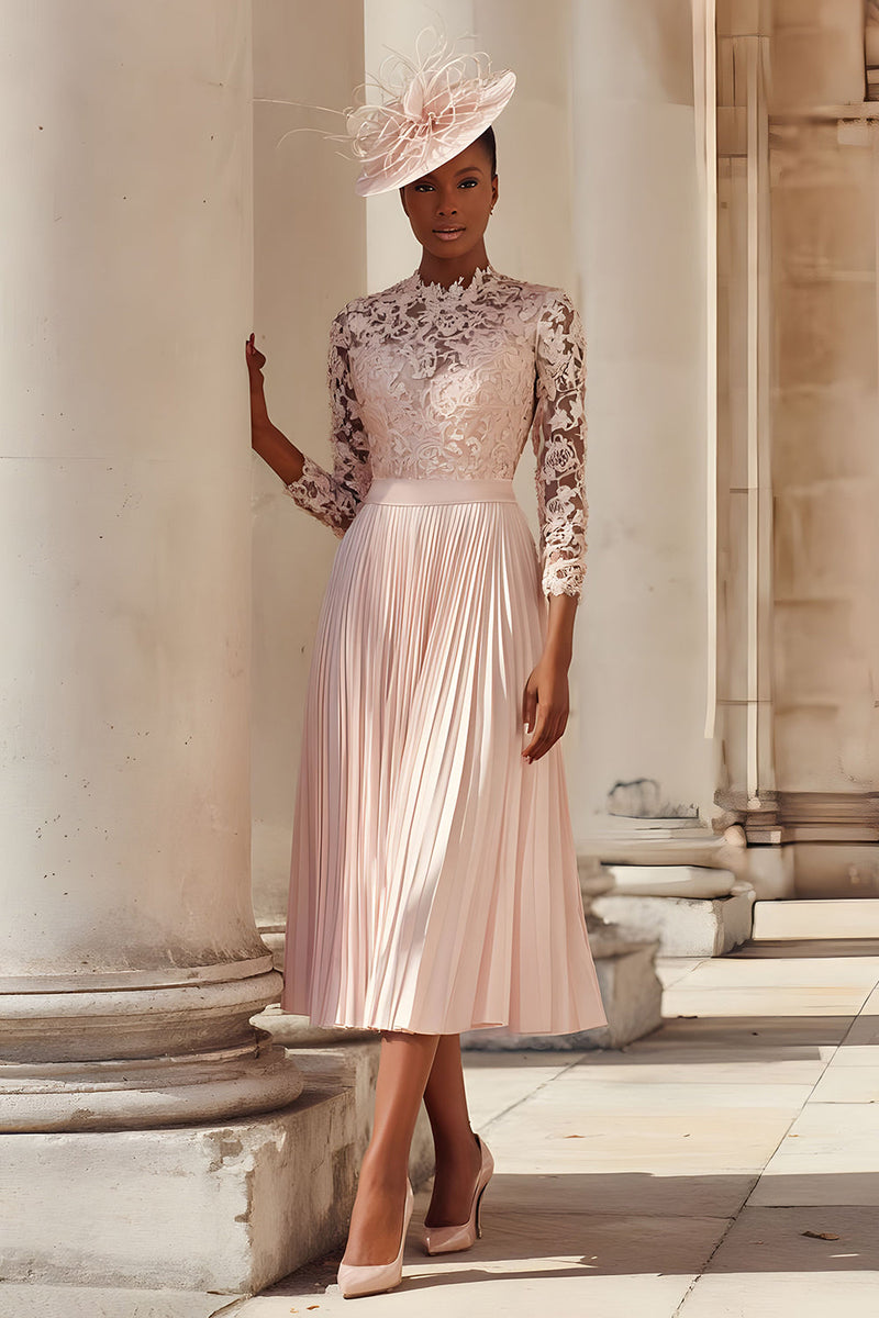 Load image into Gallery viewer, Blush Pink A Line Pleated Midi Mother of the Bride Dress with Lace