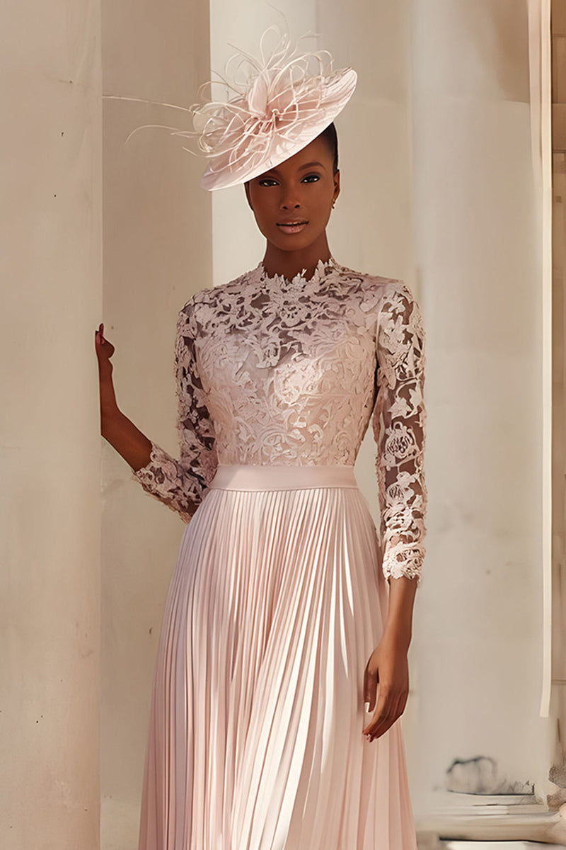 Load image into Gallery viewer, Blush Pink A Line Pleated Midi Mother of the Bride Dress with Lace