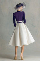 Load image into Gallery viewer, Plum High Neck Satin Midi Mother of the Bride Dress with Sleeves