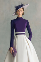 Load image into Gallery viewer, Plum High Neck Satin Midi Mother of the Bride Dress with Sleeves