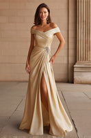 Load image into Gallery viewer, Champagne Off the Shoulder Long Mother of the Bride Dress with Slit