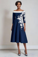 Load image into Gallery viewer, Navy Floral A Line Midi Mother of the Bride Dress with Sleeves