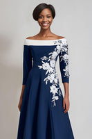 Load image into Gallery viewer, Navy Floral A Line Midi Mother of the Bride Dress with Sleeves