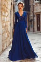 Load image into Gallery viewer, Dark Blue V-Neck Chiffon Long Mother of the Bride Dress with Lace