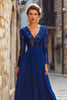 Load image into Gallery viewer, Dark Blue V-Neck Chiffon Long Mother of the Bride Dress with Lace