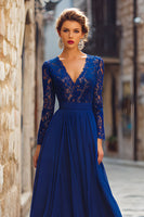 Load image into Gallery viewer, Dark Blue V-Neck Chiffon Long Mother of the Bride Dress with Lace
