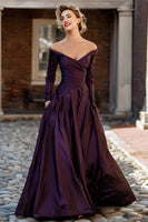 Load image into Gallery viewer, Plum Off the Shoulder A Line Long Mother of the Bride Dress with Sleeves