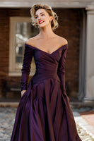 Load image into Gallery viewer, Plum Off the Shoulder A Line Long Mother of the Bride Dress with Sleeves