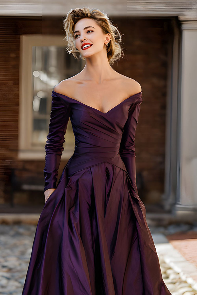 Load image into Gallery viewer, Plum Off the Shoulder A Line Long Mother of the Bride Dress with Sleeves