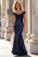 Load image into Gallery viewer, Navy Off the Shoulder Long Mermaid Mother of the Bride Dress