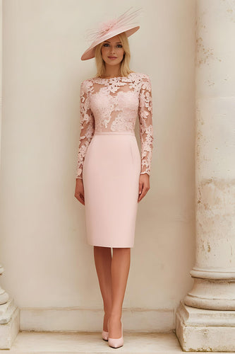 Blush Pink Illusion Boat Neck Midi Mother of the Bride Dress with Lace