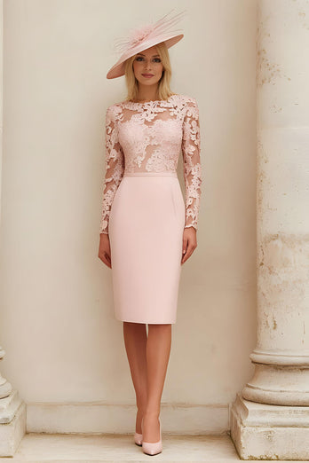 Blush Pink Illusion Boat Neck Midi Mother of the Bride Dress with Lace
