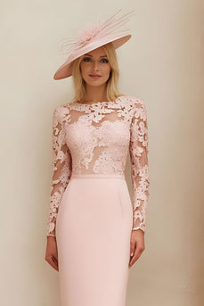 Blush Pink Illusion Boat Neck Midi Mother of the Bride Dress with Lace