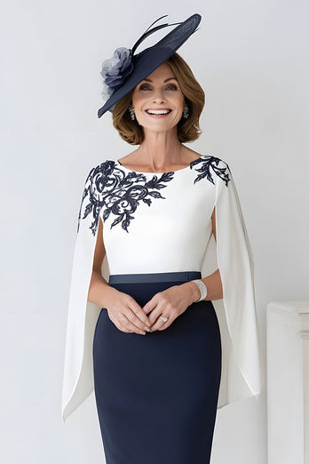 Navy Scoop Neck Satin Midi Mother of the Bride Dress with Sleeves