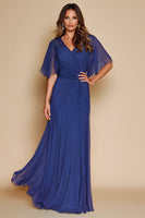 Load image into Gallery viewer, Dark Blue V-Neck Long Mother of the Bride Dress with Sleeves