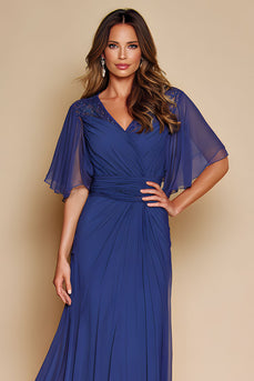 Dark Blue V-Neck Long Mother of the Bride Dress with Sleeves