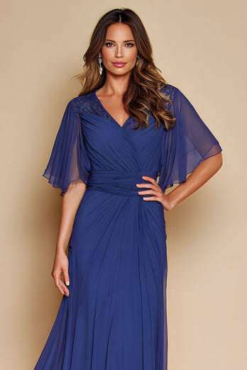 Dark Blue V-Neck Long Mother of the Bride Dress with Sleeves