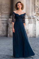 Load image into Gallery viewer, Navy Off the Shoulder Long Mother of the Bride Dress with Lace
