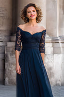 Load image into Gallery viewer, Navy Off the Shoulder Long Mother of the Bride Dress with Lace