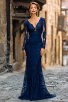 Load image into Gallery viewer, Navy Lace Mermaid V-Neck Long Mother of the Bride Dress