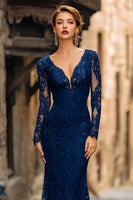 Load image into Gallery viewer, Navy Lace Mermaid V-Neck Long Mother of the Bride Dress